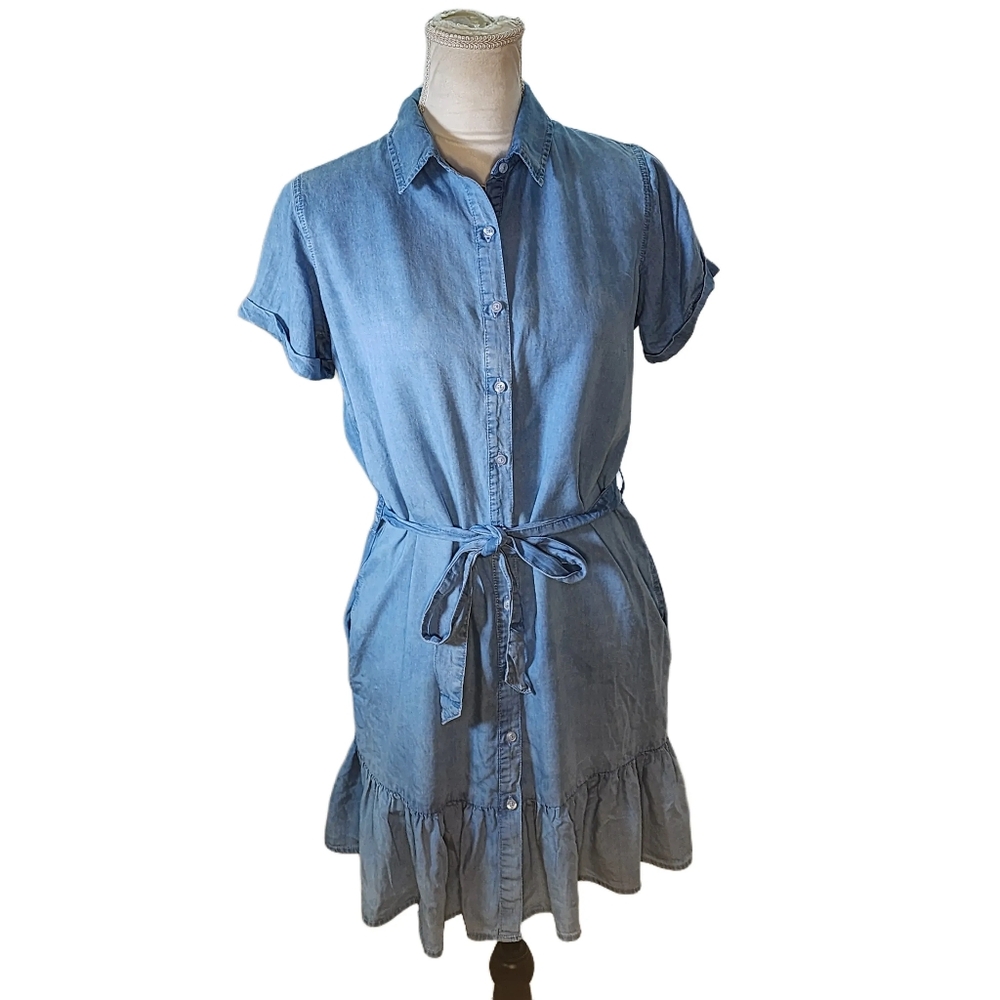 Japna. Blue belted, denim look dress. Size XS